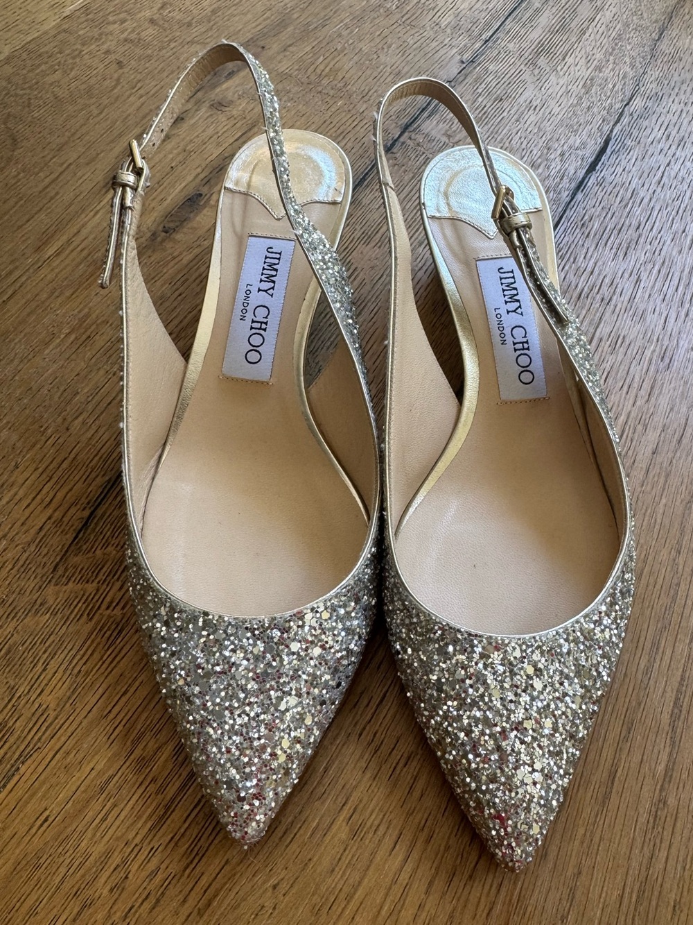 Jimmy Choo Silver Gemma Glitter Pointed Slingback Heels Worn Once 7 Retail $750